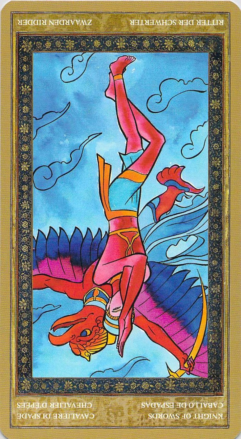 Knight of Swords reversed--Yoga Tarot by Lo Scarabeo